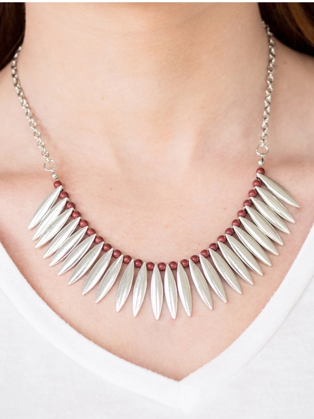 Paparazzi Tameless Tigress Silver Spike Necklace Earring Set Brown Beads Tribal